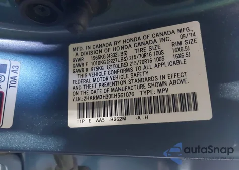 2014 Honda Cr-V Lx из США, поврежденный, VIN 2HKRM3H30EH561076